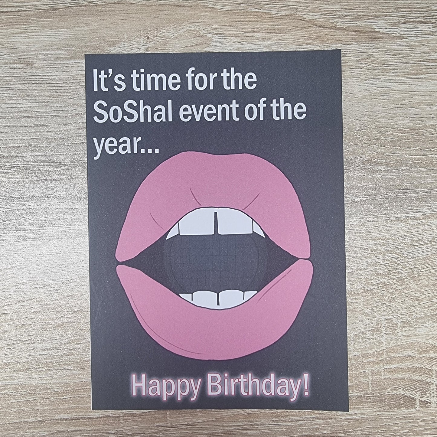 'SoShal event of the year...' birthday card