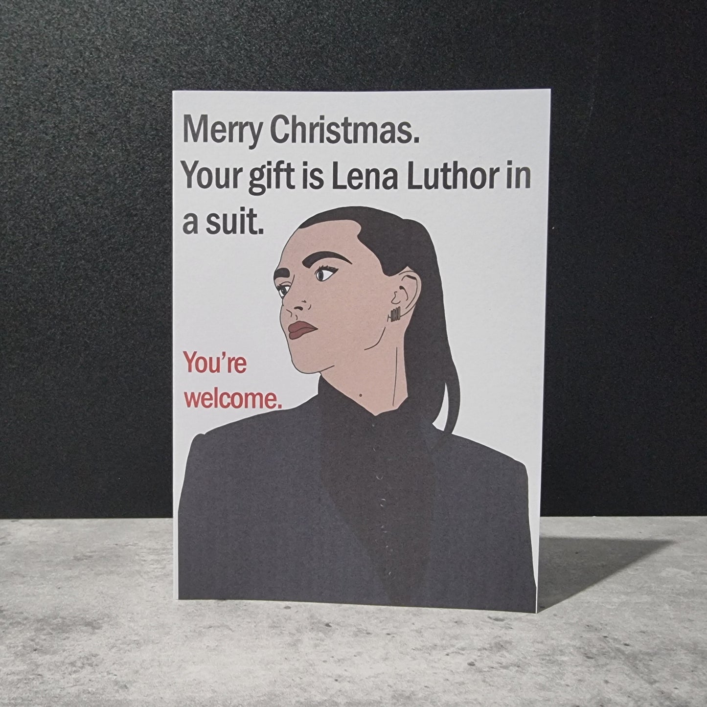 Lena Luthor in a suit Christmas card | Supergirl themed Christmas card