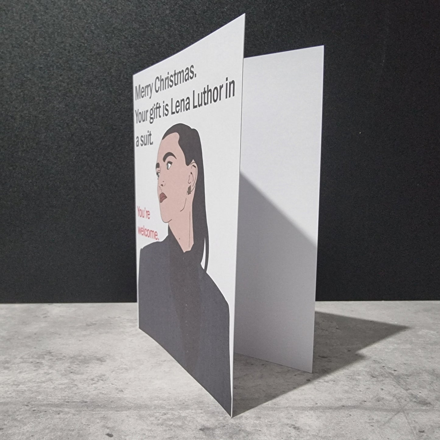 Lena Luthor in a suit Christmas card | Supergirl themed Christmas card