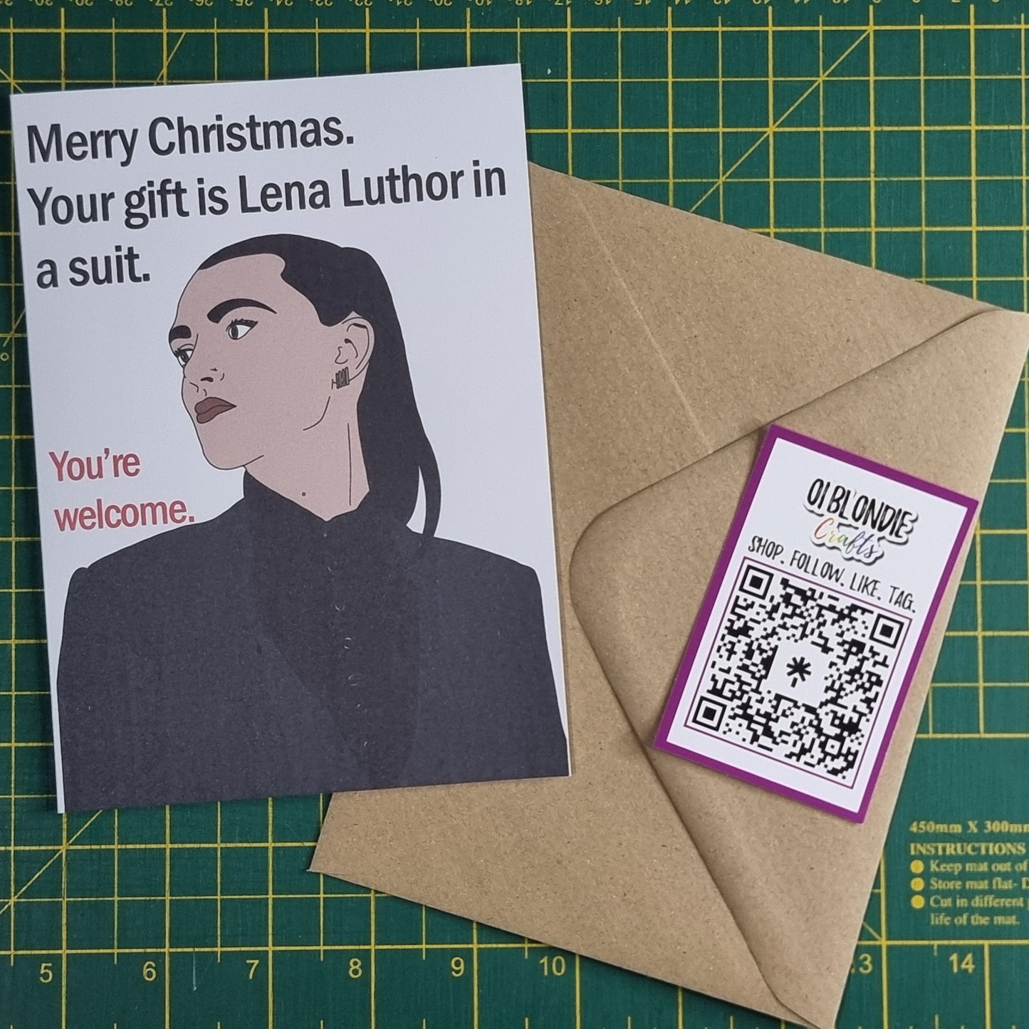 Lena Luthor in a suit Christmas card | Supergirl themed Christmas card