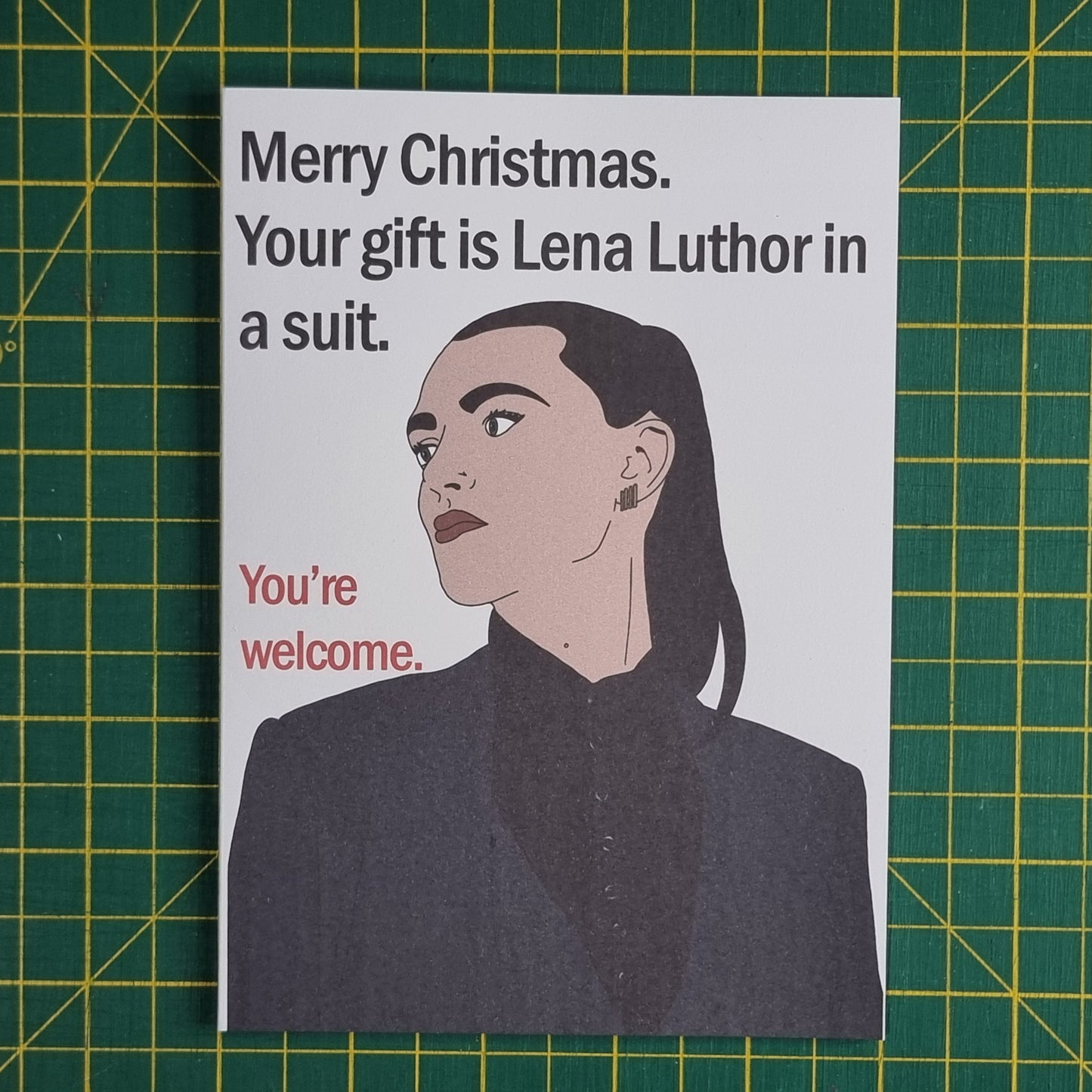 Lena Luthor in a suit Christmas card | Supergirl themed Christmas card