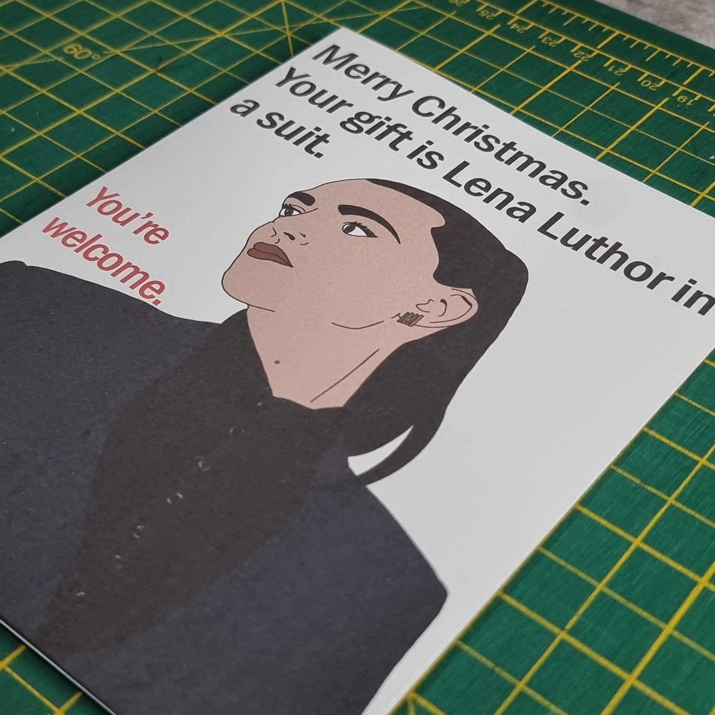 Lena Luthor in a suit Christmas card | Supergirl themed Christmas card