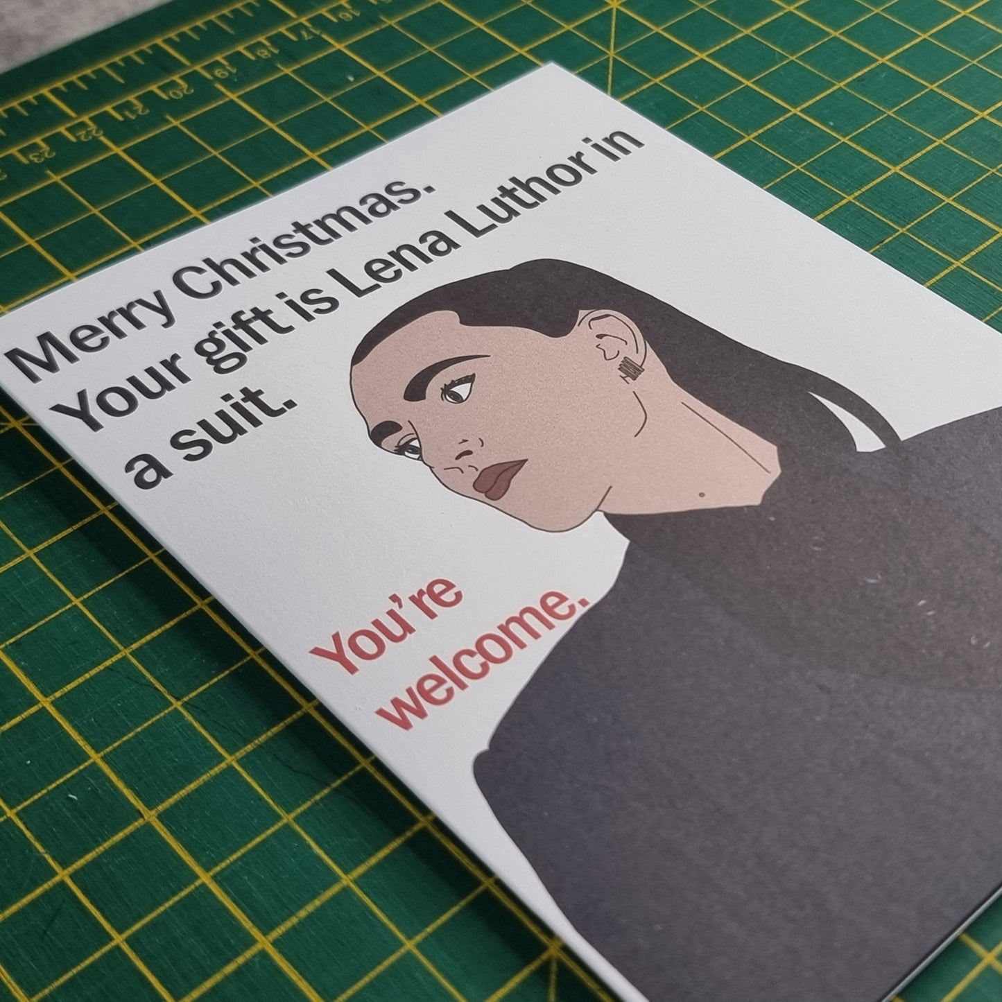 Lena Luthor in a suit Christmas card | Supergirl themed Christmas card