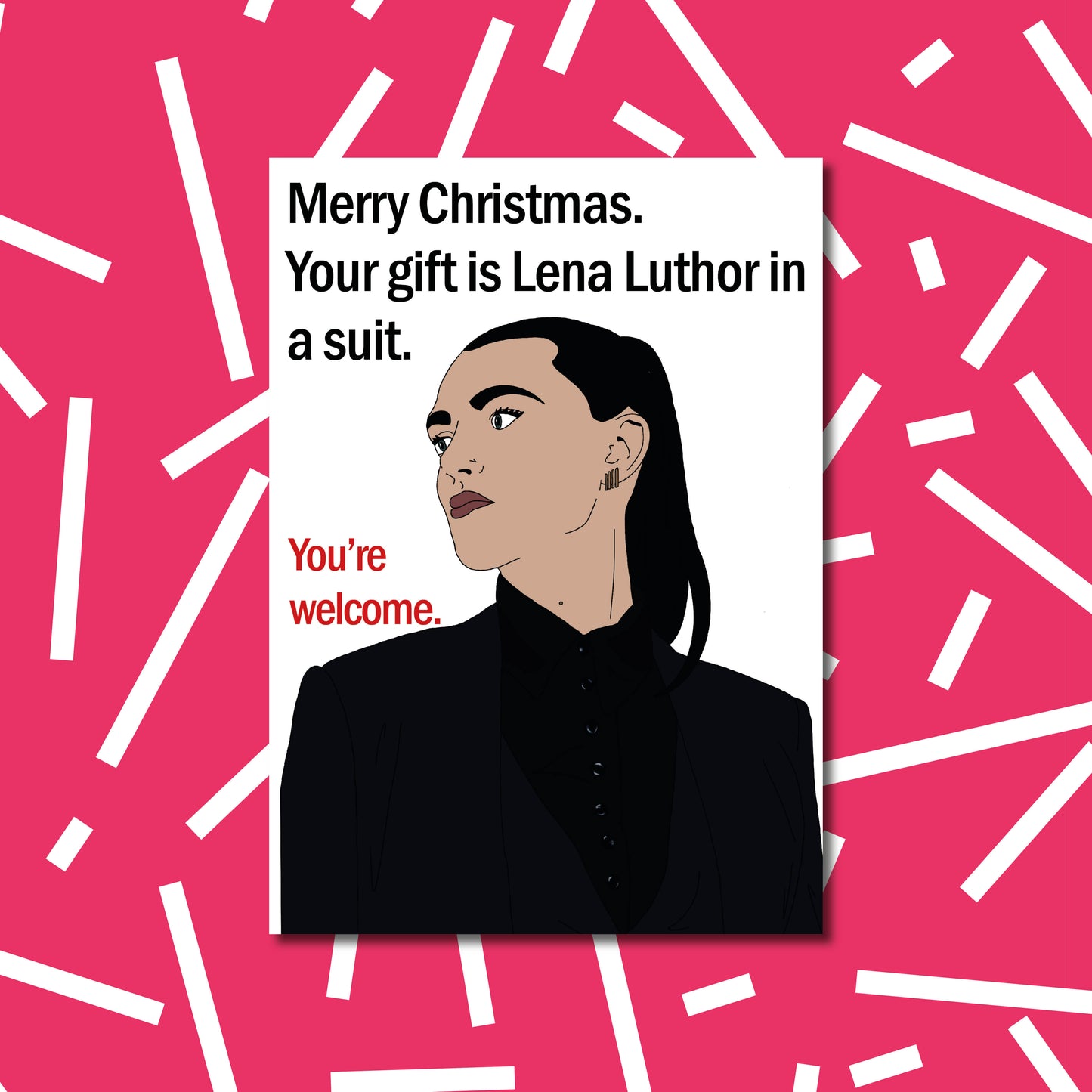 Lena Luthor in a suit Christmas card | Supergirl themed Christmas card