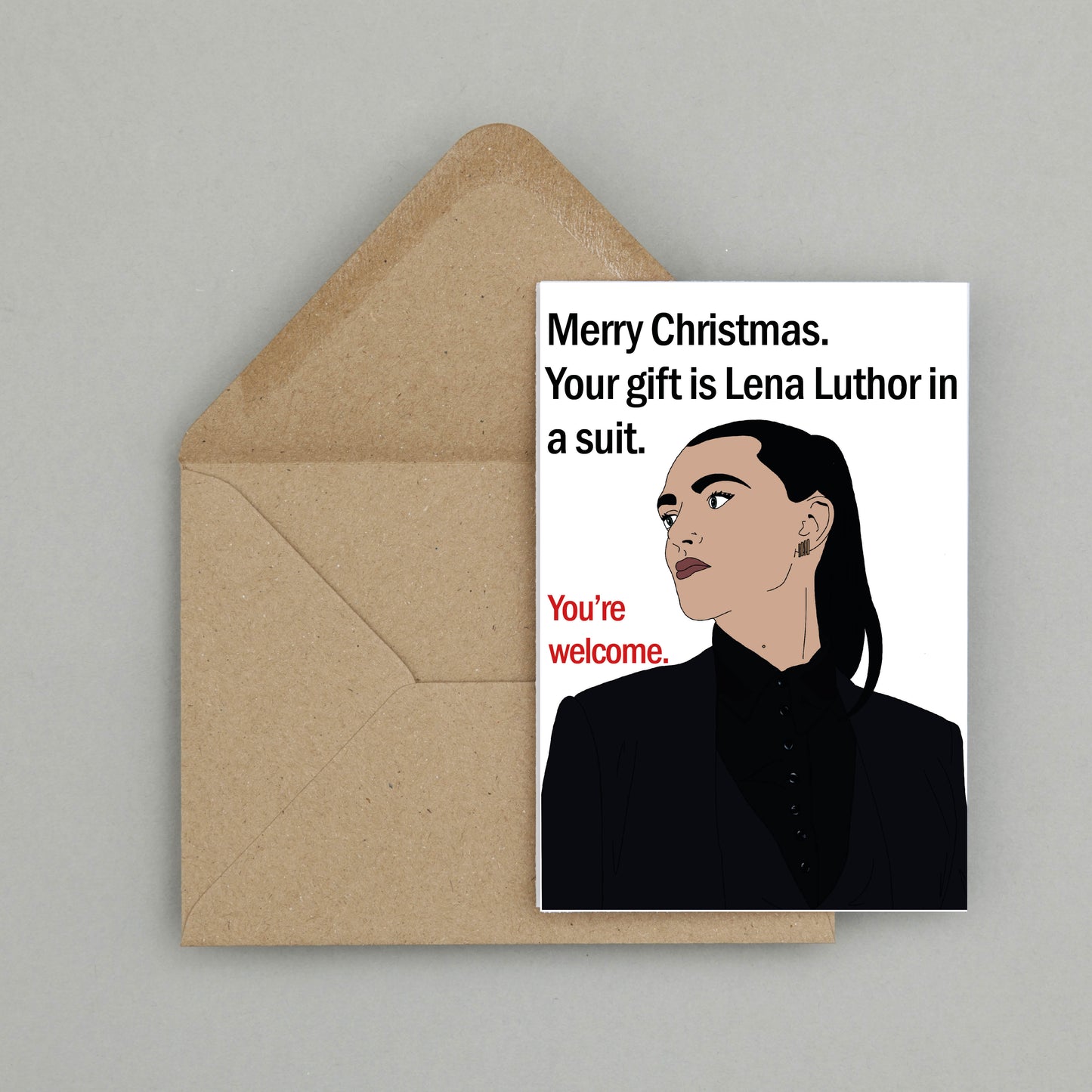 Lena Luthor in a suit Christmas card | Supergirl themed Christmas card