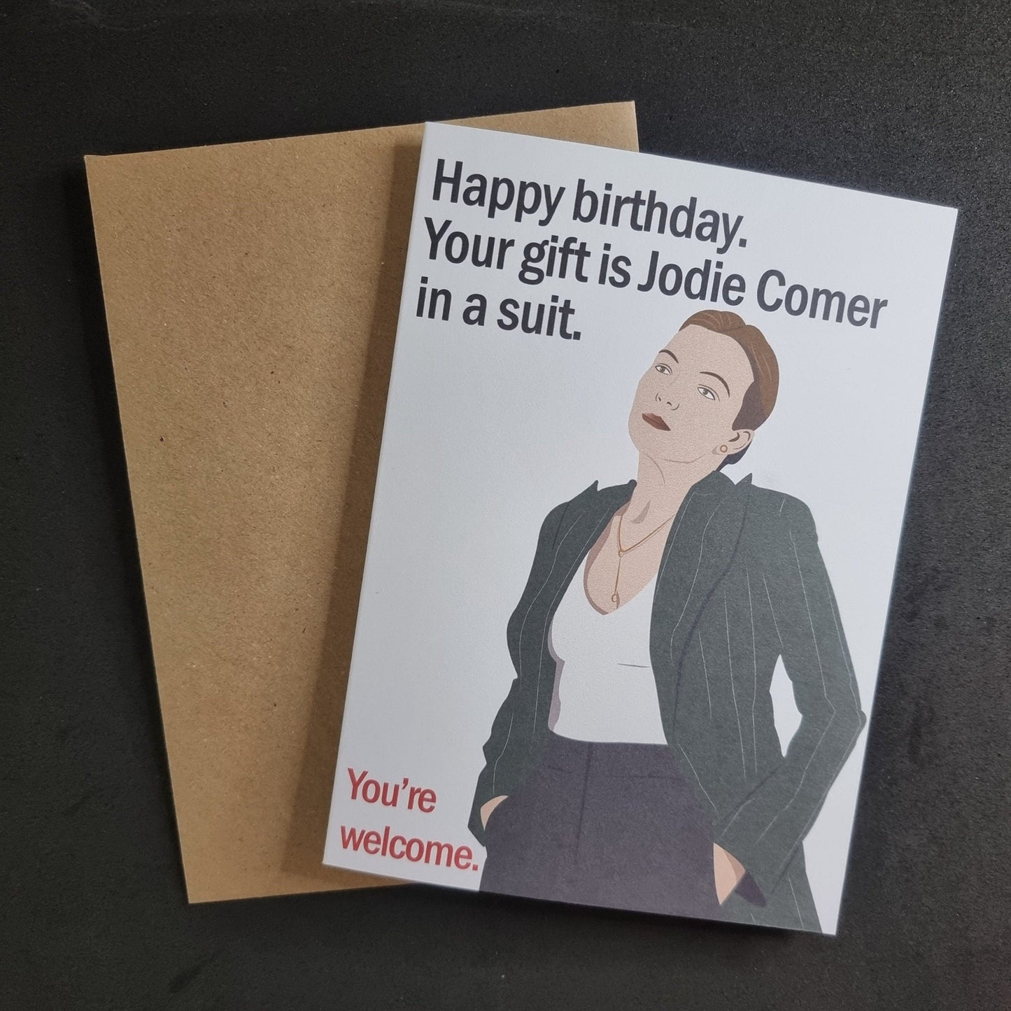 Jodie Comer in a suit birthday card | Killing Eve