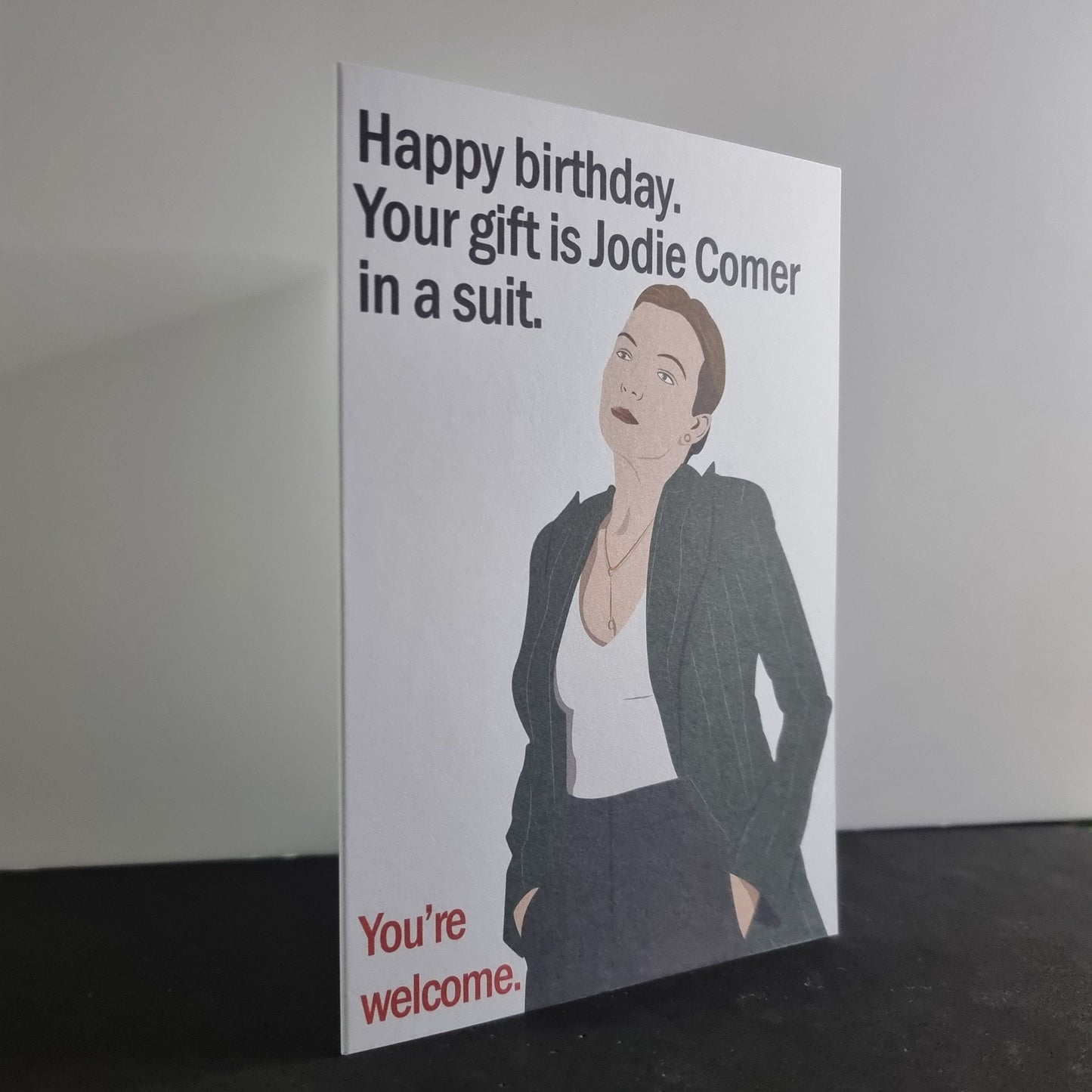 Jodie Comer in a suit birthday card | Killing Eve