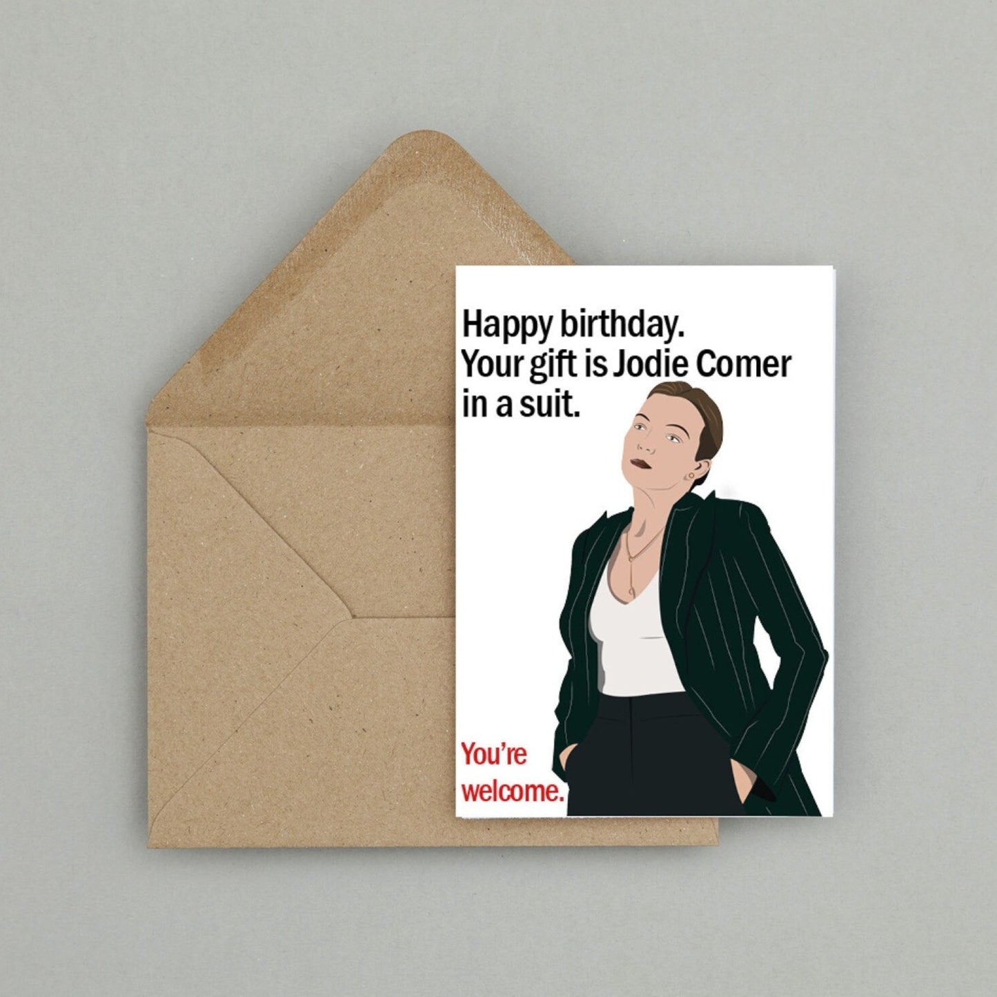 Jodie Comer in a suit birthday card | Killing Eve