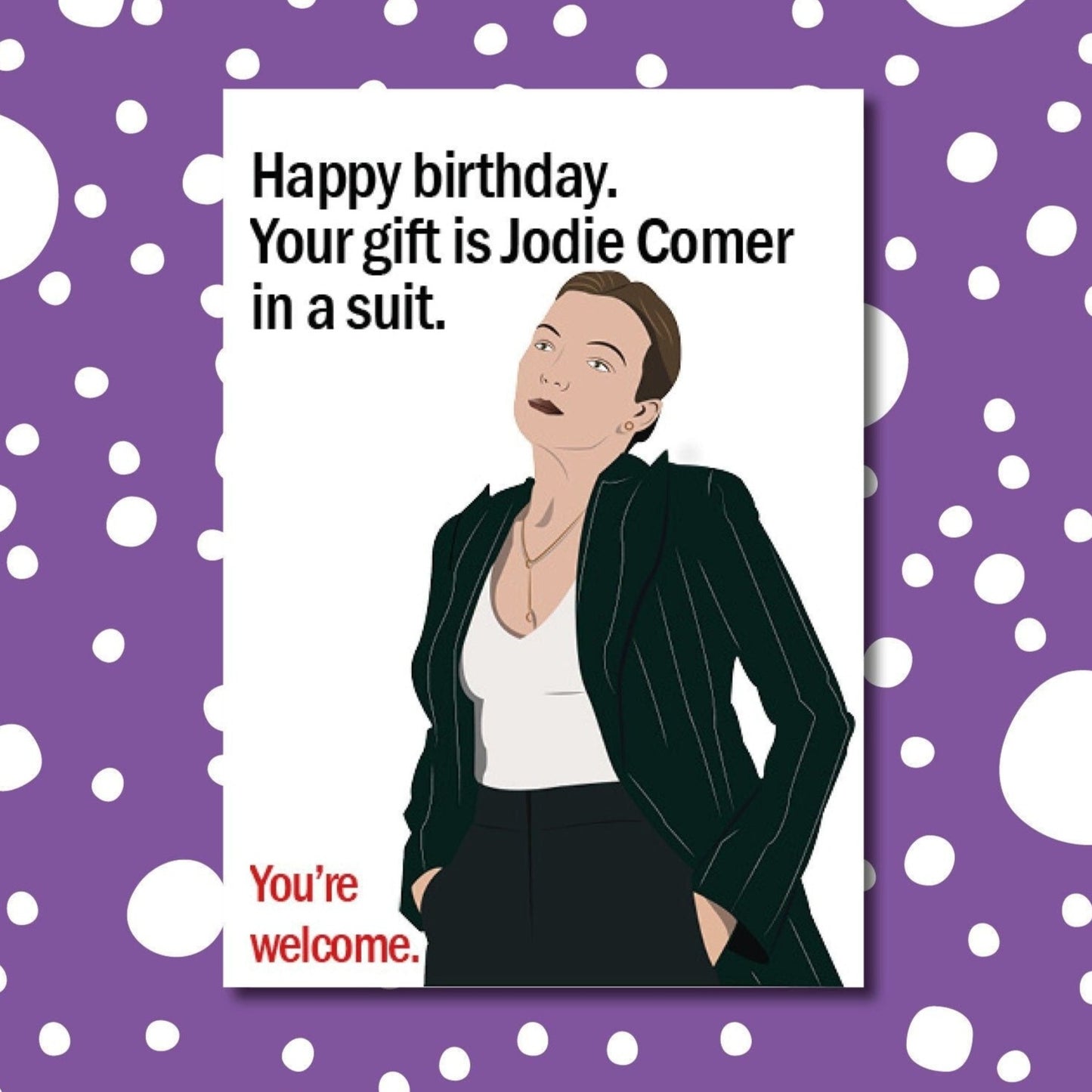Jodie Comer in a suit birthday card | Killing Eve