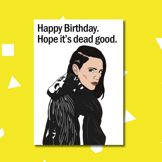 Birthday card with a stylized illustration of a character and humorous text on a yellow background.